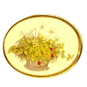 Vintage MFA Strawberry Flowers Brooch, Scrimshaw Strawberries Flower Basket
